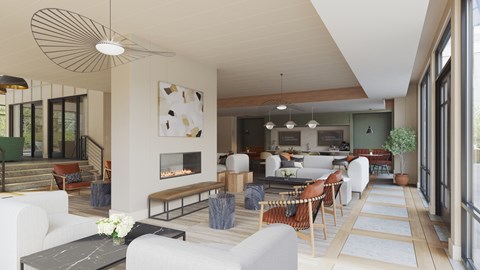 A modern living room with a fireplace and a staircase.