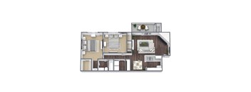 a 3d floor plan with a bedroom and a living room