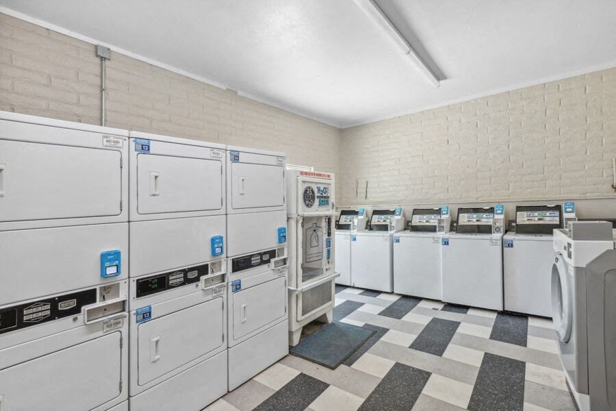 on site laundromat with rows of washers and dryers