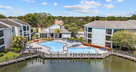 View from the lake of the pools and the apartments