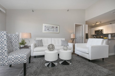 A living room with white furniture and a grey rug.