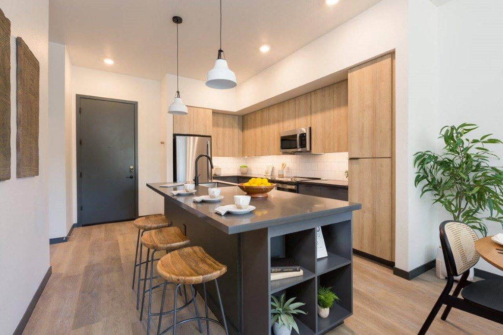 Model kitchen island with storage space