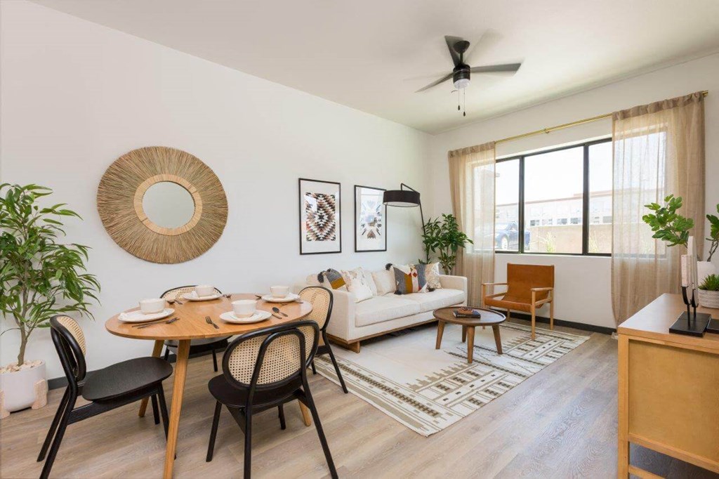 Model open concept living and dining area