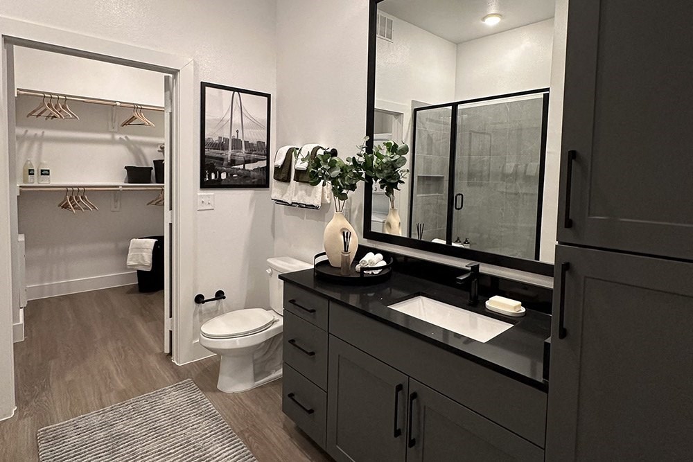 a black and white bathroom with a toilet and a sink