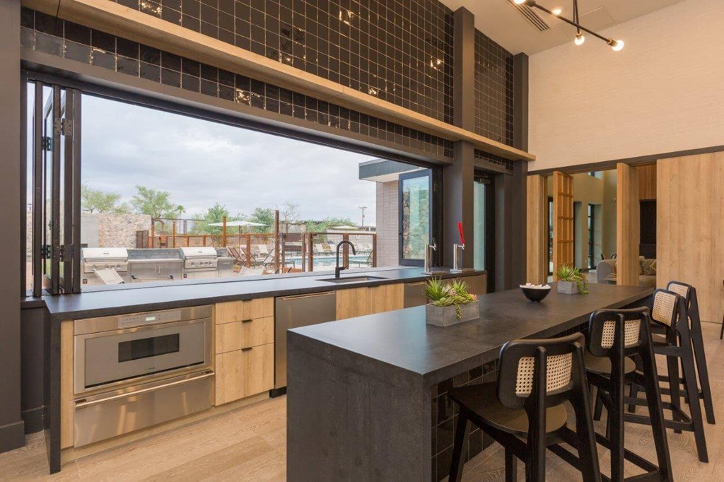 Community kitchen with stainless steel appliances