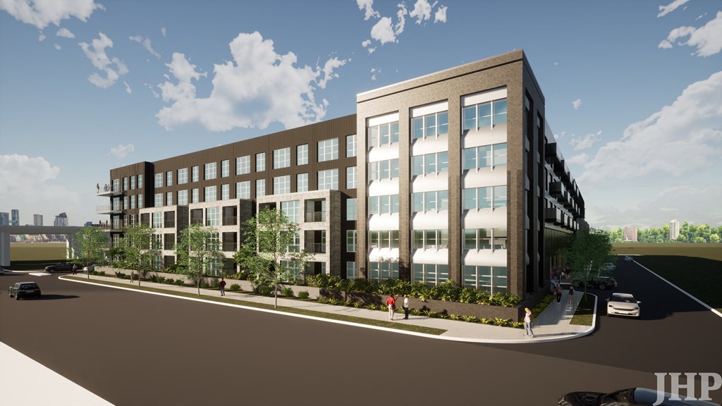 a rendering of a seven story apartment building with a brick facade and glass windows