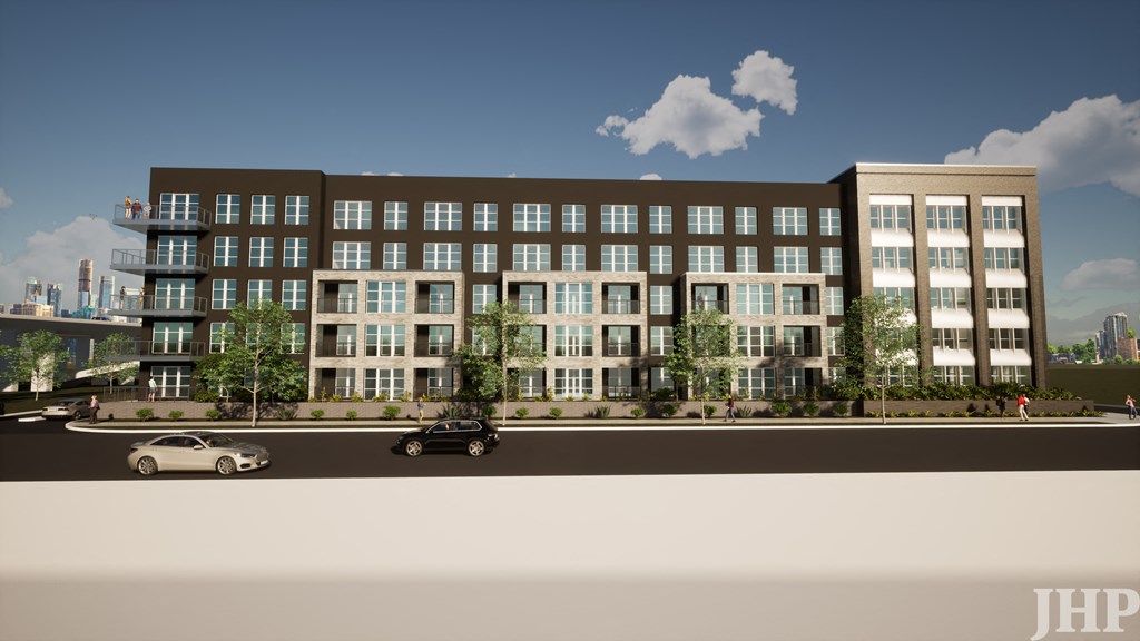 a rendering of an apartment building with cars parked in front of it