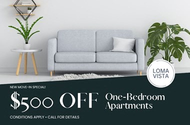 a couch in a living room with a table and a plant in front of it, advertising $500 off 1 bedroom apartments