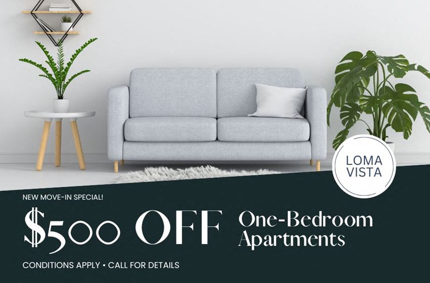 a couch in a living room with a table and a plant in front of it, advertising $500 off 1 bedroom apartments - Photo Gallery 1