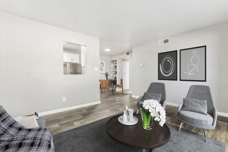 Model apartment living room at Lore South Mountain, Arizona, 85044