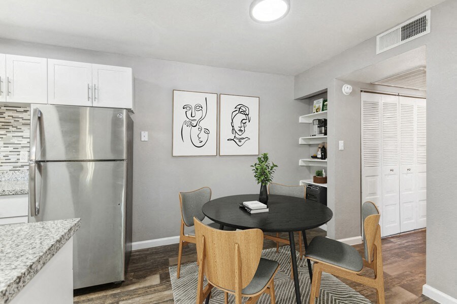 Model apartment dining room and kitchen at Lore South Mountain, Arizona, 85044