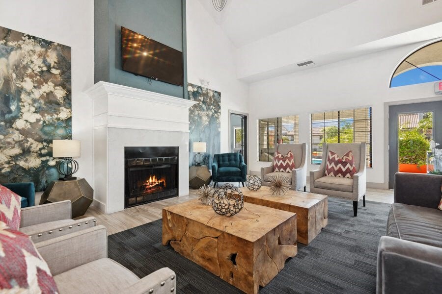 Community clubhouse with lounge area at Lore South Mountain, Phoenix, AZ, 85044