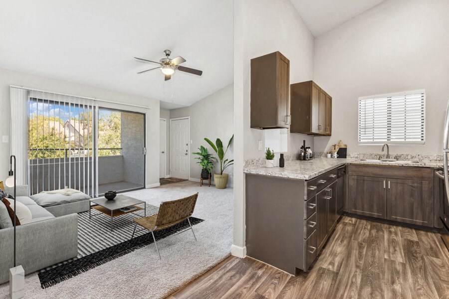 Model apartment kitchen and living room at Lore South Mountain, Phoenix, AZ