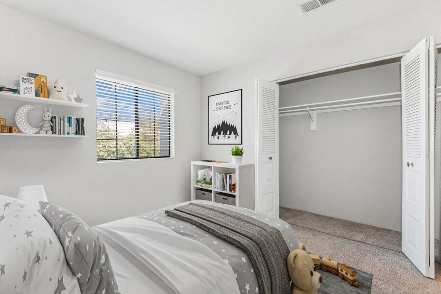 Model apartment bedroom at Lore South Mountain, Arizona