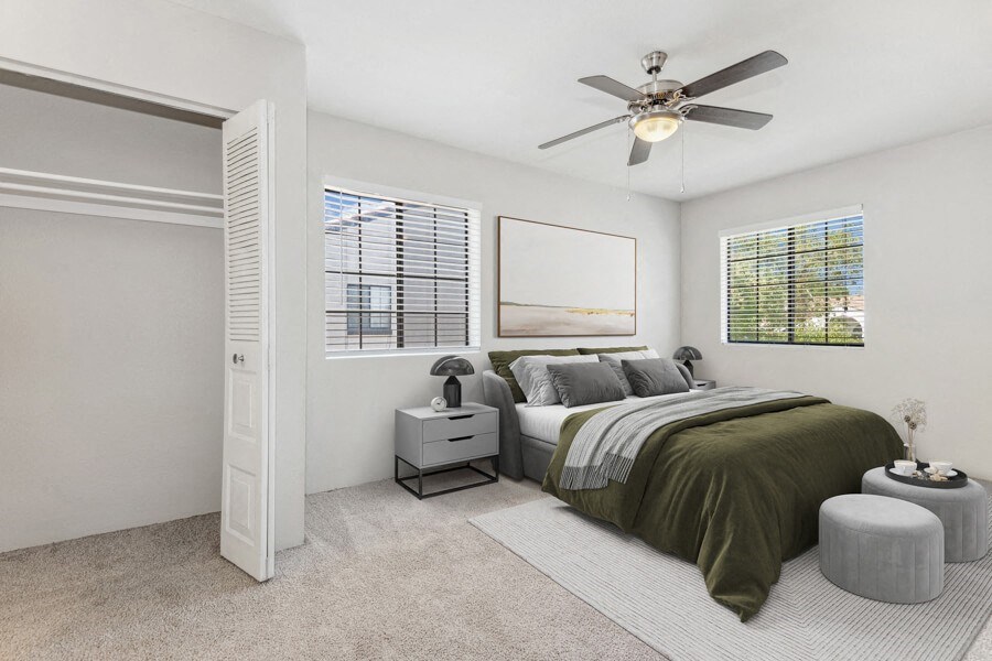 Model apartment bedroom at Lore South Mountain, Arizona, 85044