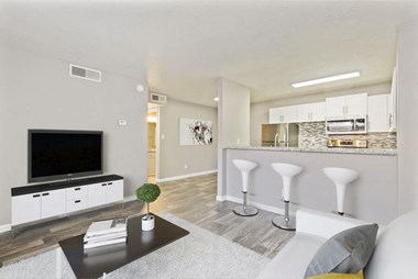 Model living room and kitchen with bar seating