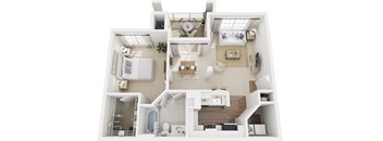 A top-down view of a modern, white-walled apartment with a kitchen, living room, and bathroom.