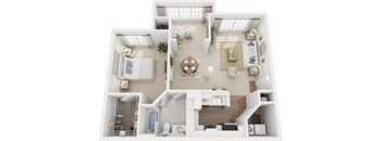 A white, minimalist floor plan of a house with a kitchen, living room, and bathroom.