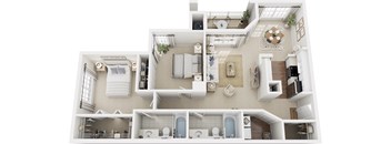 A top-down view of a two-story house with a living room, kitchen, and bathrooms.