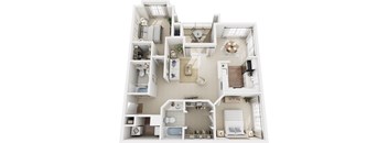 A white 3D floor plan of a small apartment with a kitchen, living room, and bathroom.