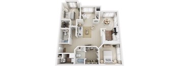 A white, minimalist floor plan of a small apartment with a kitchen, living room, and bedroom.