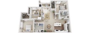 A white 3D floor plan of a house with multiple rooms.