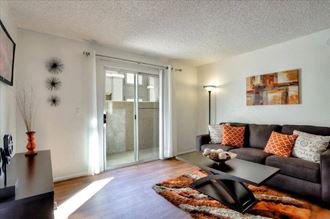 Model living room with sliding glass door