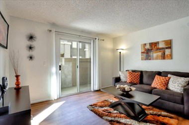 Model living room with sliding glass door
