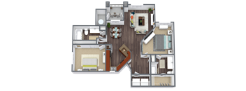 A detailed 3D floor plan of a house showing all rooms and their layouts.