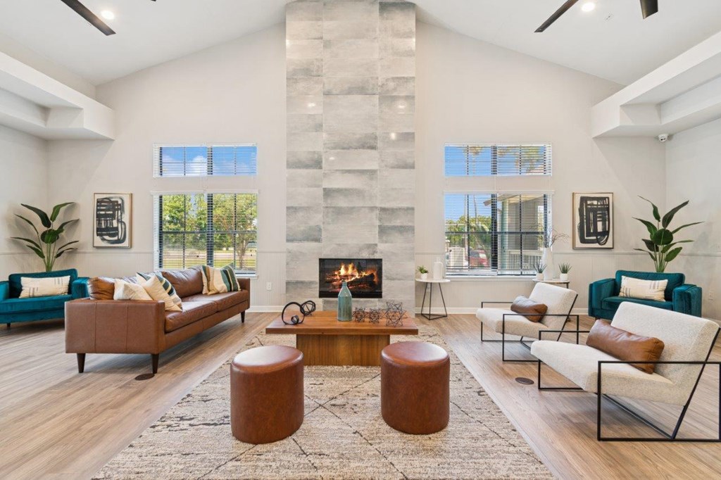 Community lounge with fireplace at Mirage on Kernan Apartments in Jacksonville, FL