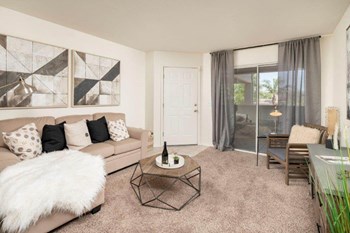 Model living room with sliding door