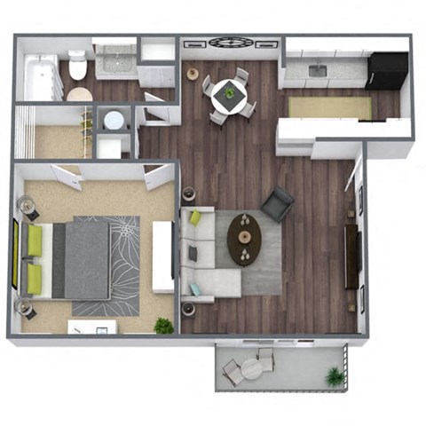 1-Bedroom, 1-Bathroom Floor Plan, 643 SQFT.