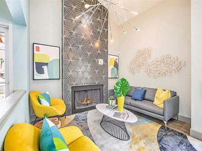 Community lounger area with fireplace