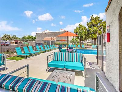 Poolside loungers and fire pit