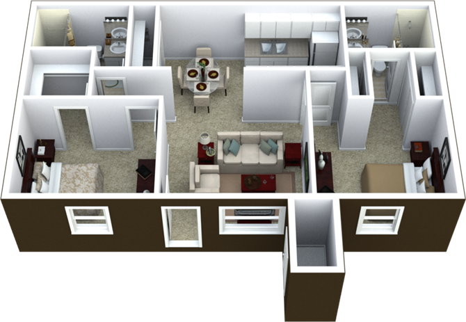 2-Bed, 2Bath Floor Plan 850 SQFT