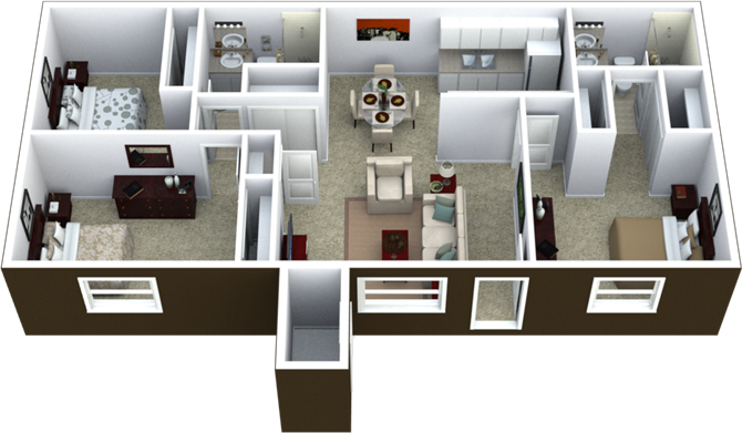 3-Bed, 2-Bath Floor Plan 1,000 SQFT