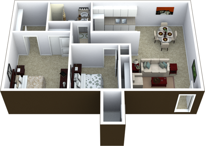 2-Bed, 1-Bath Floor Plan 800 SQFT.