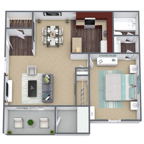 Oak Floor Plan 1-Bed, 1-Bath, 733 SQFT