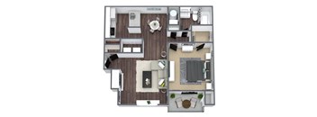 Oak Floor Plan, 1-bed 1-bath, 765 SQFT.
