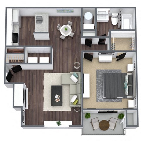 Oak Floor Plan, 1-bed 1-bath, 765 SQFT.