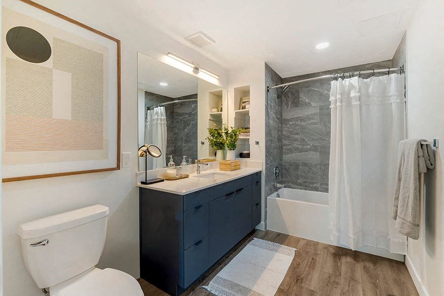 Model bathroom at The Register located in Post District Residences in downtown Salt Lake City, Utah