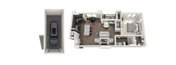 A2 Floor Plan with Garage, 1-Bed 1-Bath; 885 SQFT