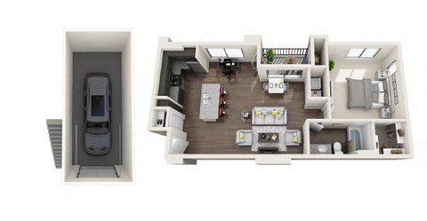 A2 Floor Plan with Garage, 1-Bed 1-Bath; 885 SQFT