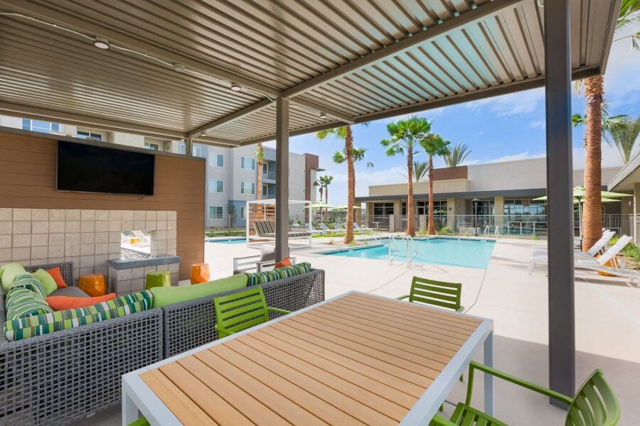 Outdoor lounge area near pool