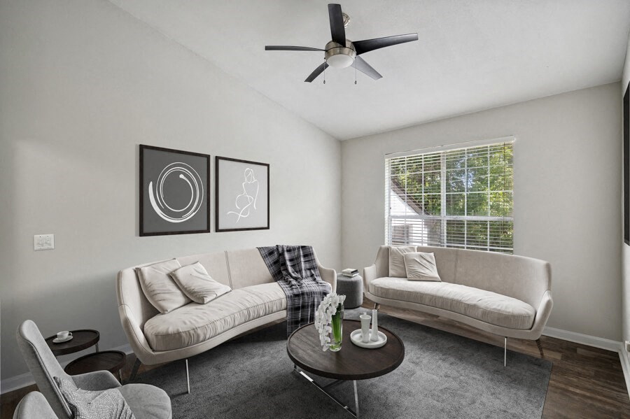 a living room with two couches and a coffee table