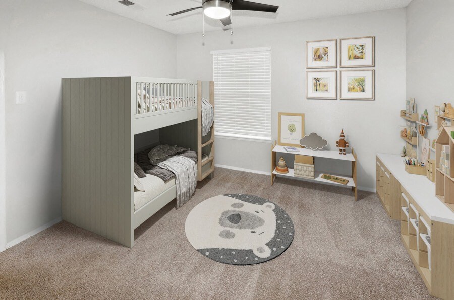 Model apartment bedroom with a bunk bed
