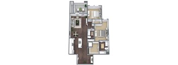 A floor plan of a house with a kitchen, living room, dining room, and bedrooms.