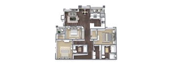 A 3D floor plan of a house with multiple rooms and furniture.