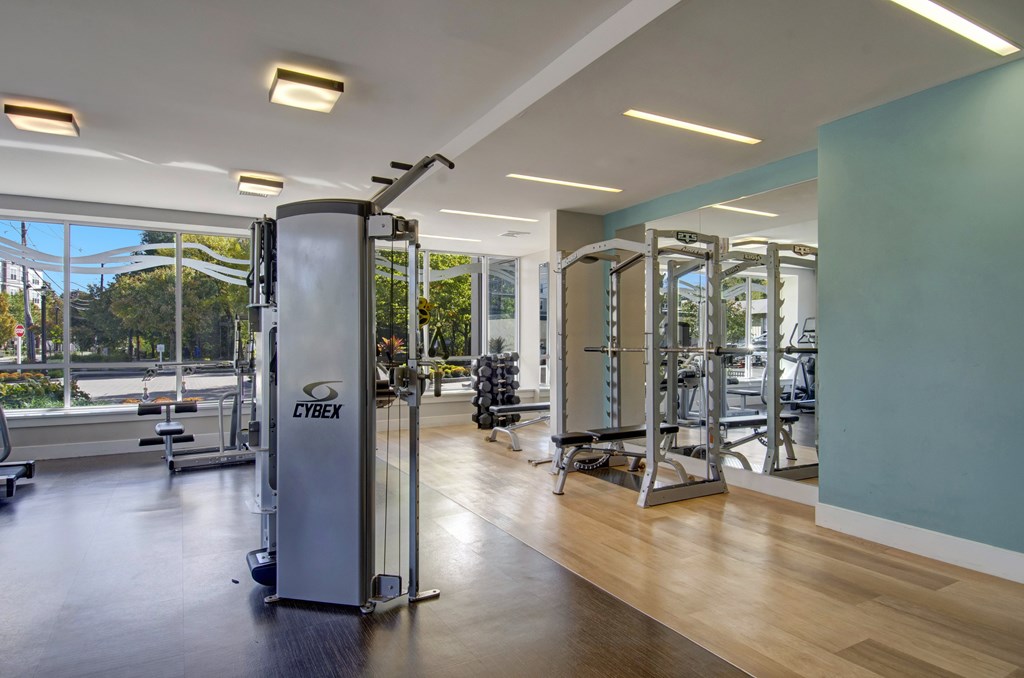 A gym with a variety of equipment including a Cybex machine.