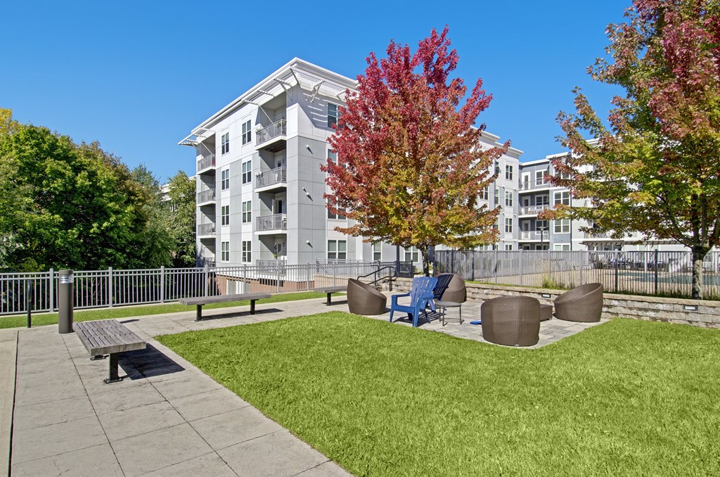 A park area with a bench, a tree, and a building in the background.
